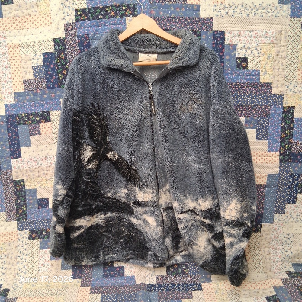 Vintage Black Mountain Deep Pile Fleece Full Zip Jacket Bald Eagle Nature Men XL